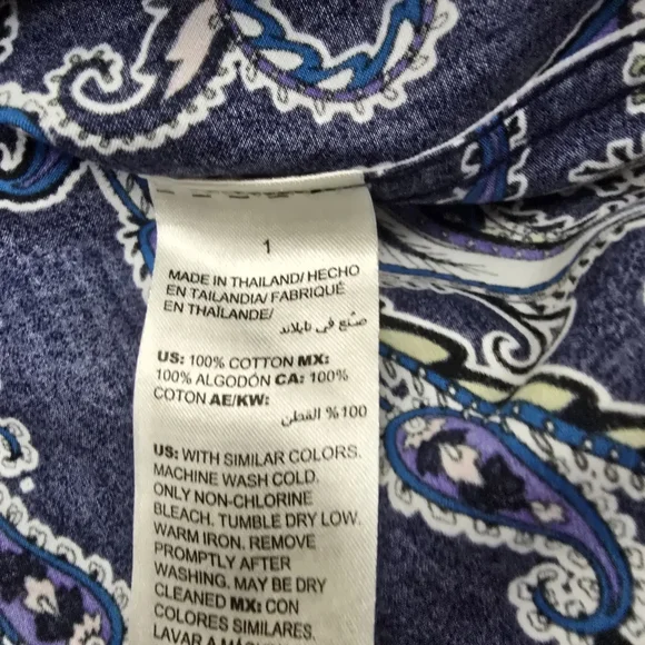 Chico's Purple Paisley No Iron Cotton Hidden Buttons Tunic Boho Chic Preppy M - Picture 7 of 11